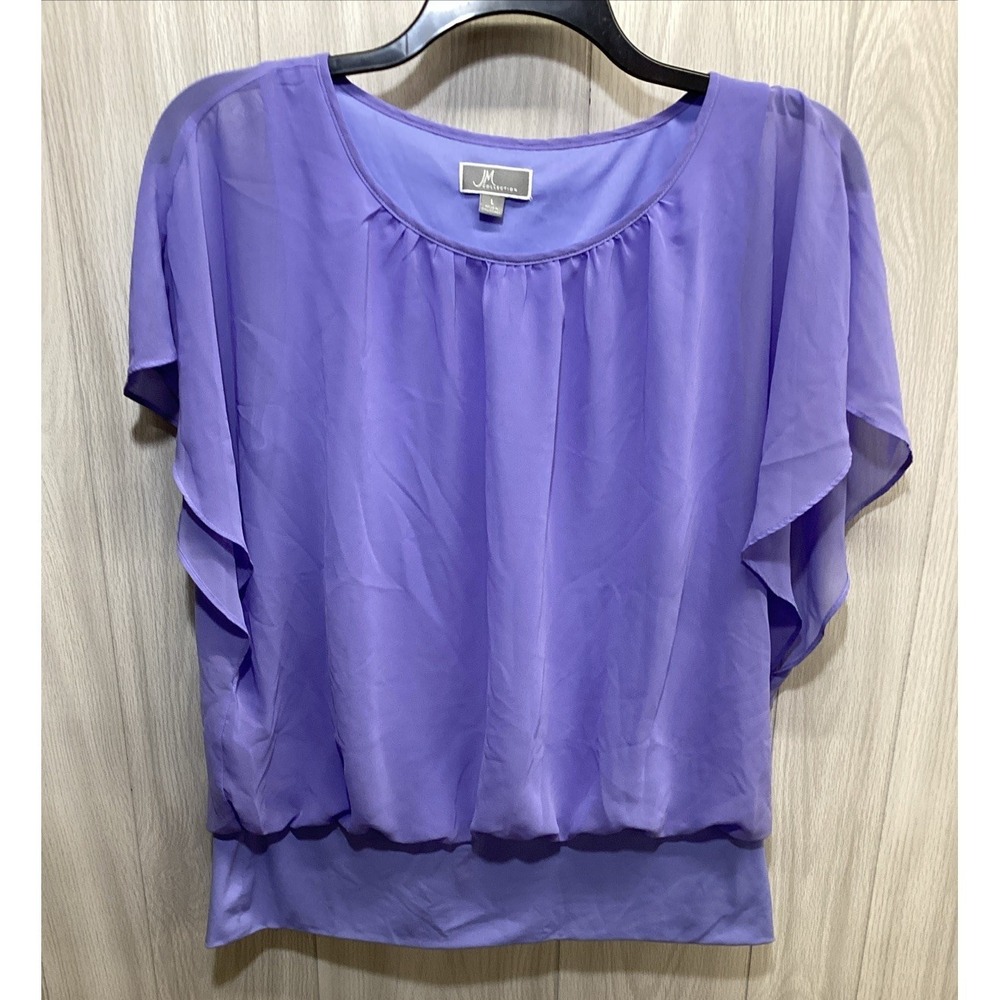 JM Collection Purple Chiffon Flutter-Sleeve Blouse